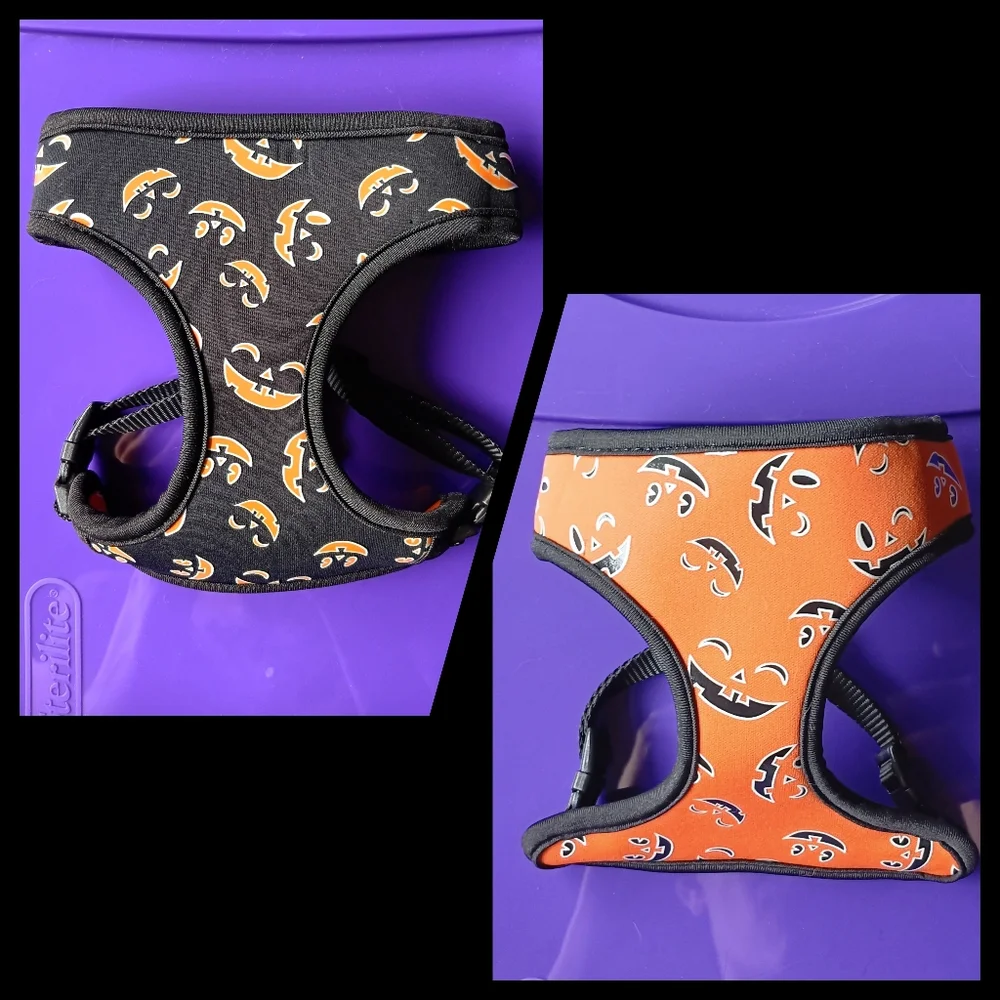 💜🎃 NWOT Glow In Dark Reversible Dog Comfort Harness XXS Halloween Pumpkin
